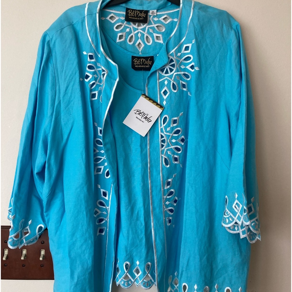 SOLD NWT Bob Mackie Jacket and Top 2X Linen Blend Embroidered Cut Out